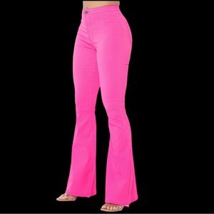 Hot pink stretchy flare jeans as seen on TT